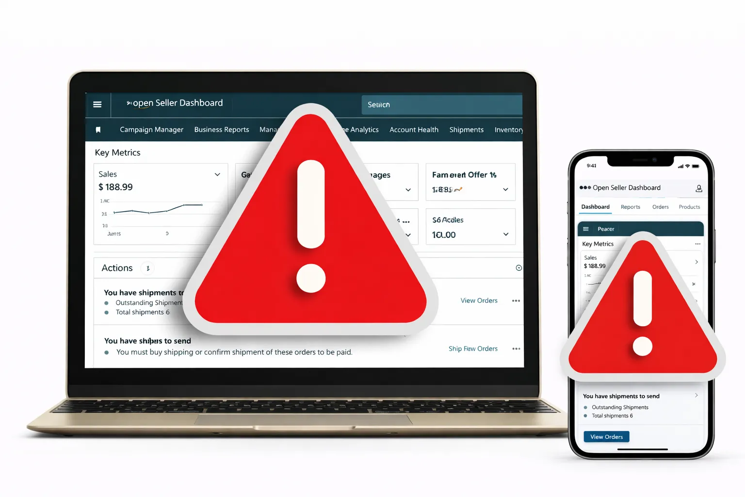 Amazon seller dashboard alert shown on laptop and mobile