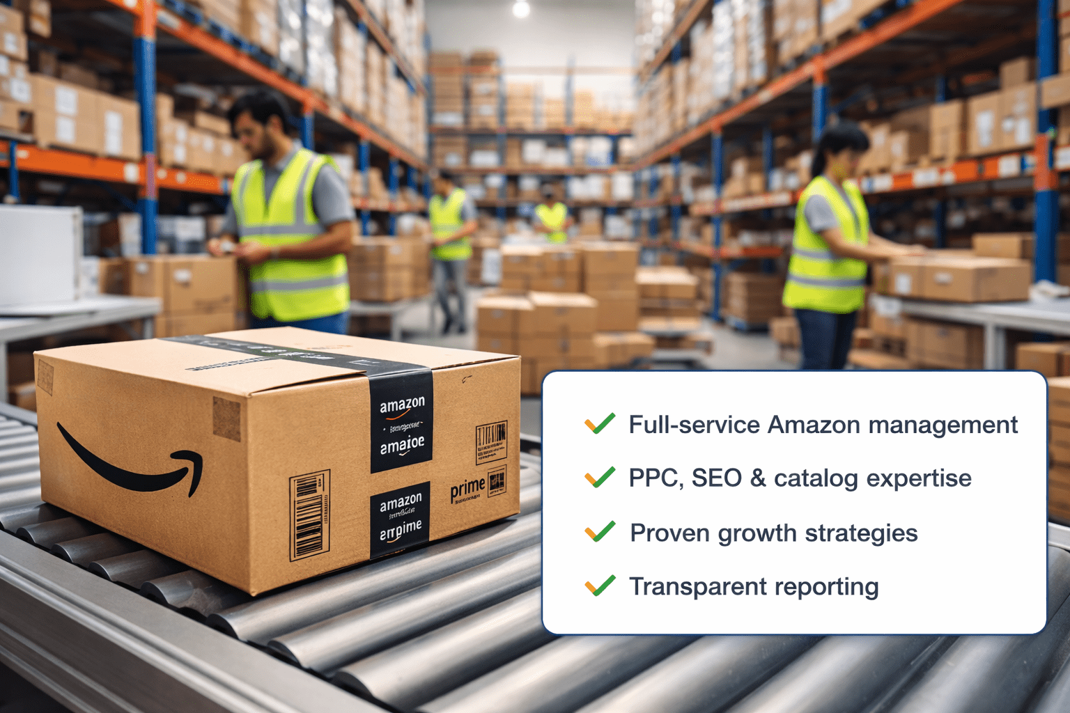 Amazon warehouse box on conveyor belt with fulfilment operations