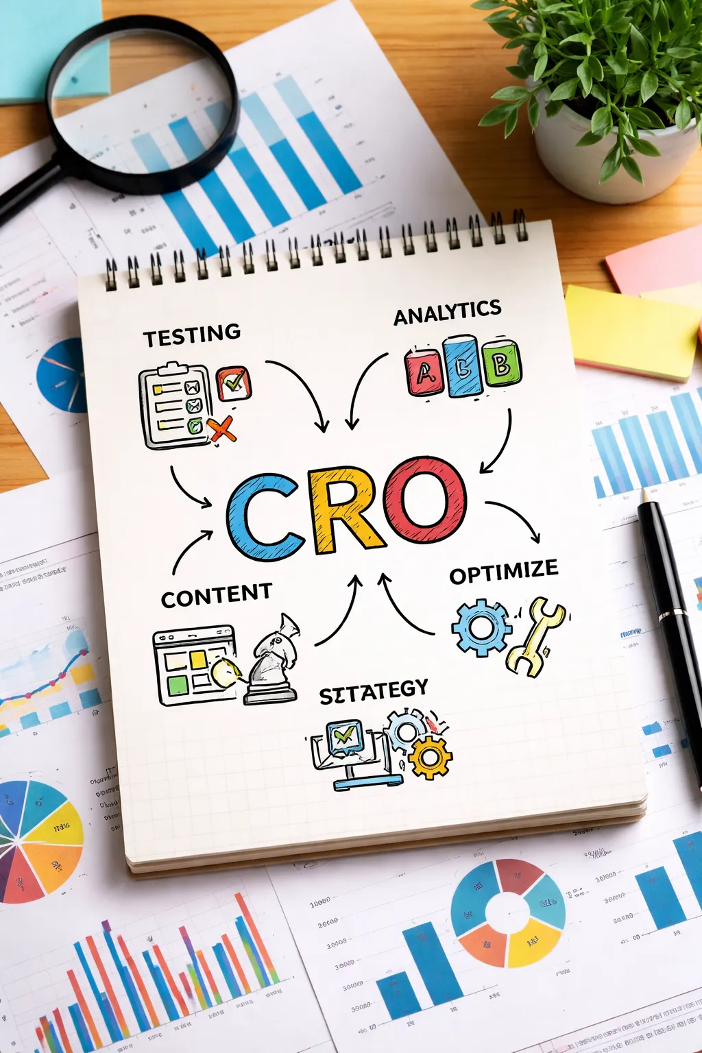 Professional CRO concept image featuring analytics reports, charts, and performance tracking tools