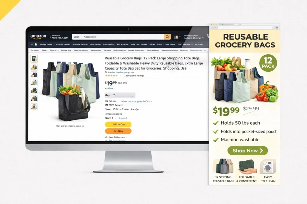 Reusable grocery bags Amazon listing with promotional infographic.