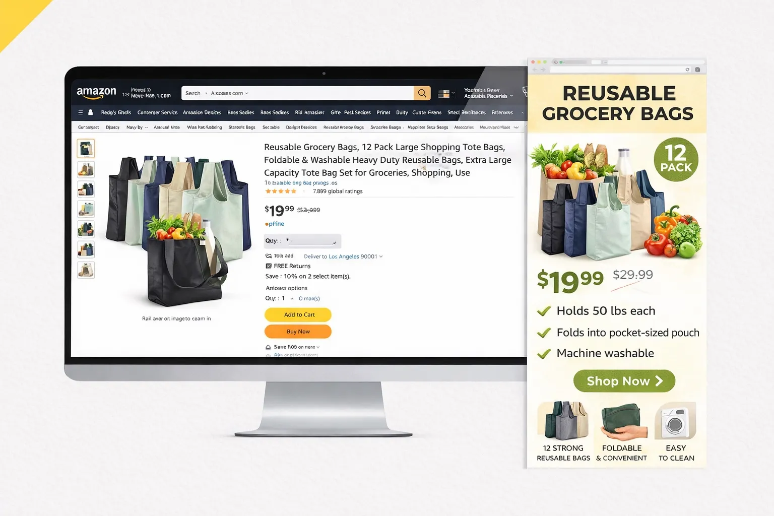Reusable grocery bags Amazon listing with promotional infographic.