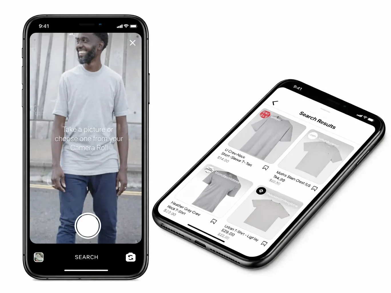 showing visual search feature and eCommerce product results for fashion items