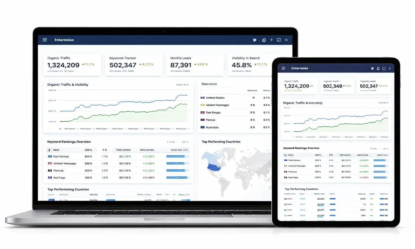 Enterprise SEO analytics dashboard displayed on laptop and mobile devices