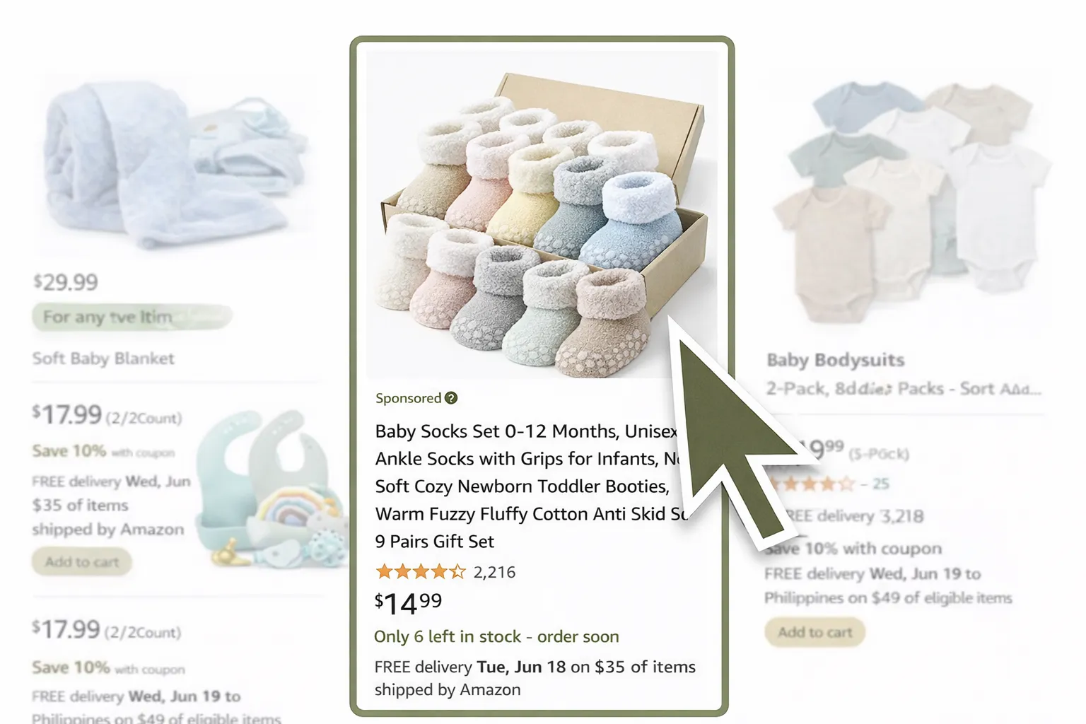 Amazon baby socks product listing with olive green highlight