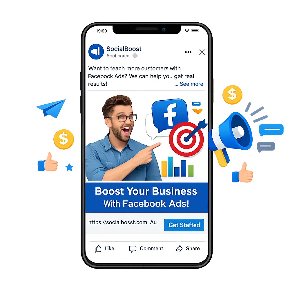 Smartphone displaying a Facebook ad promoting business growth with marketing icons around it