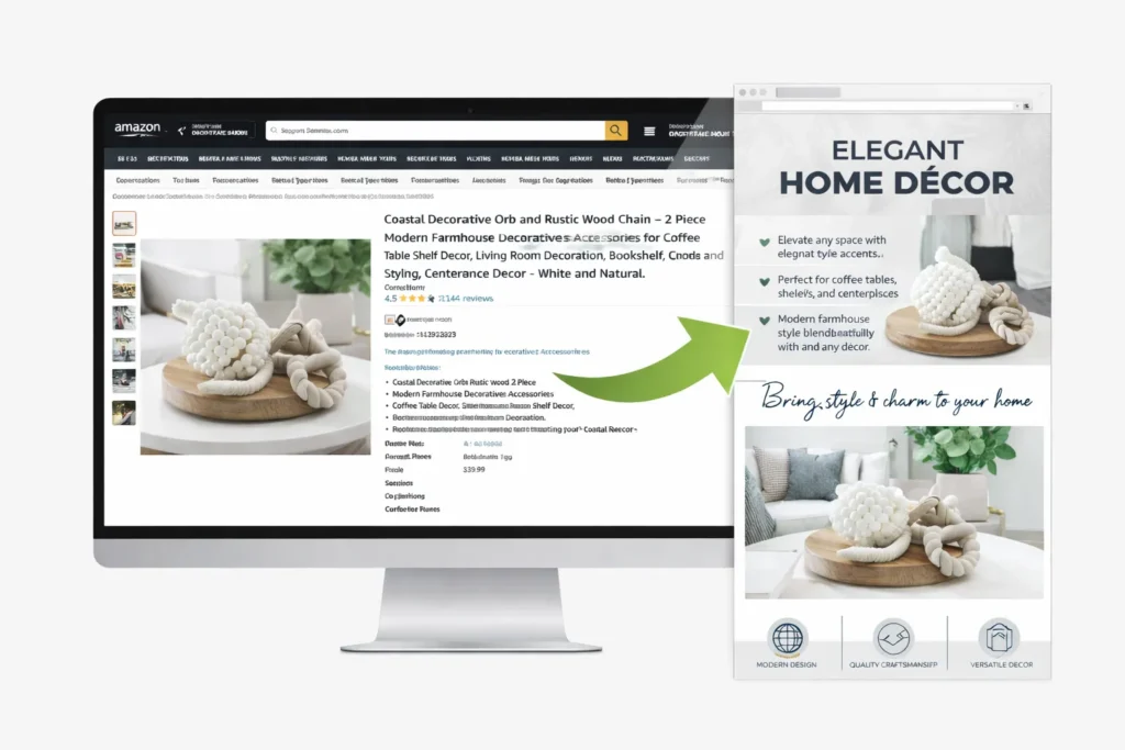 Amazon home décor listing displayed on a desktop screen with a redesigned product infographic