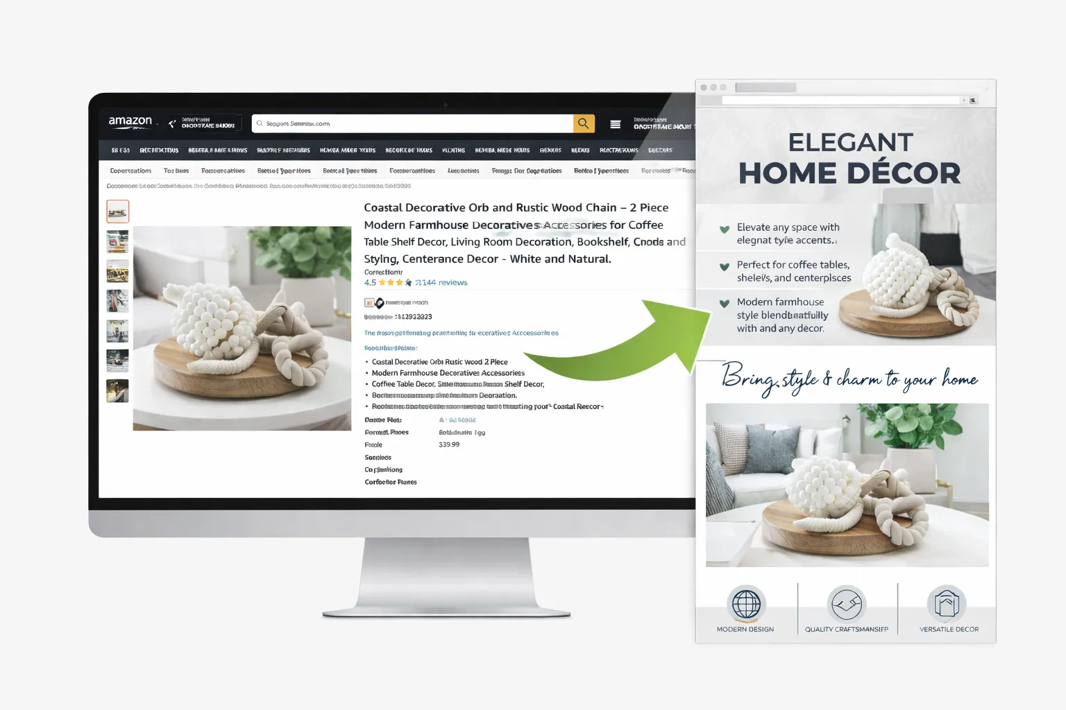 Amazon home décor listing displayed on a desktop screen with a redesigned product infographic