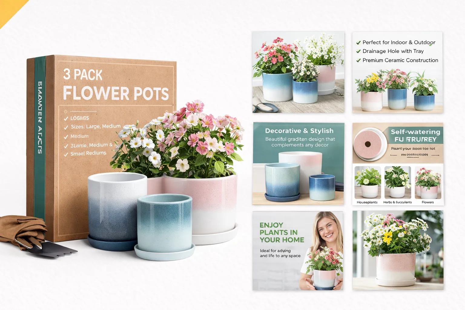 Ceramic flower pots A+ content product image.