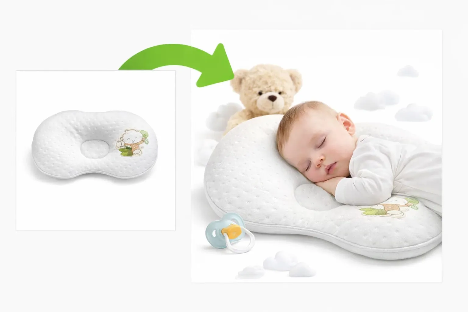 Ergonomic baby pillow on white background showing improved comfort and head support.