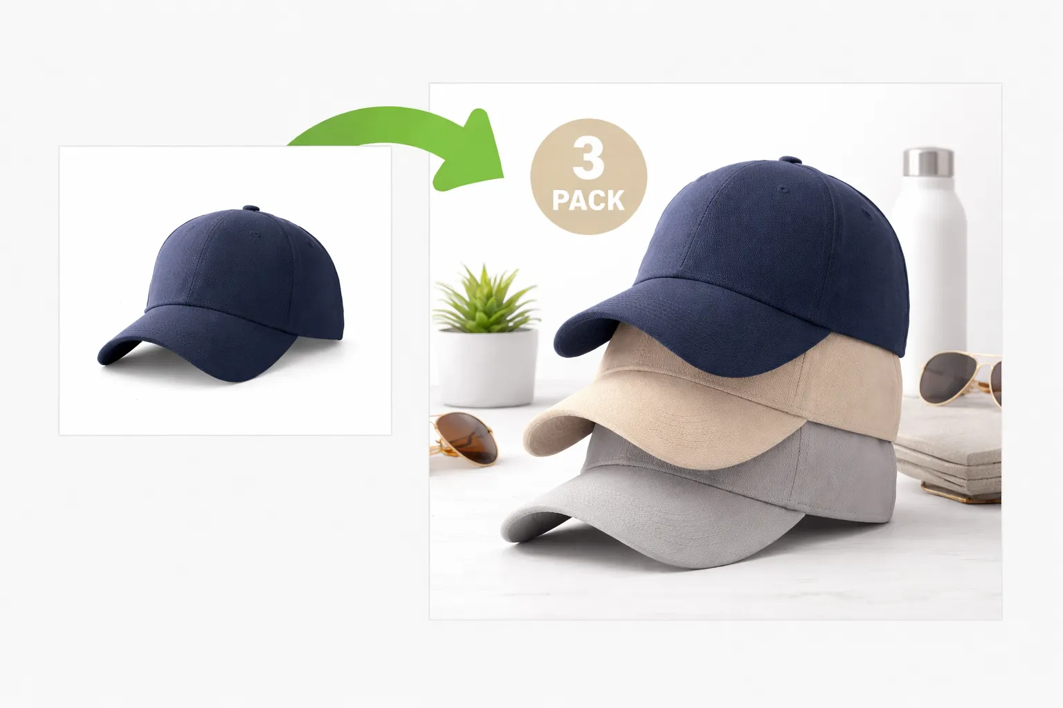 Baseball caps 3-pack comparison image.