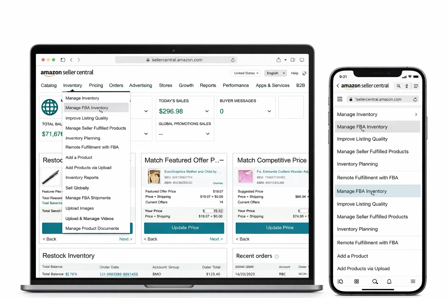 Amazon Seller Central dashboard screenshot showing the Pricing menu dropdown