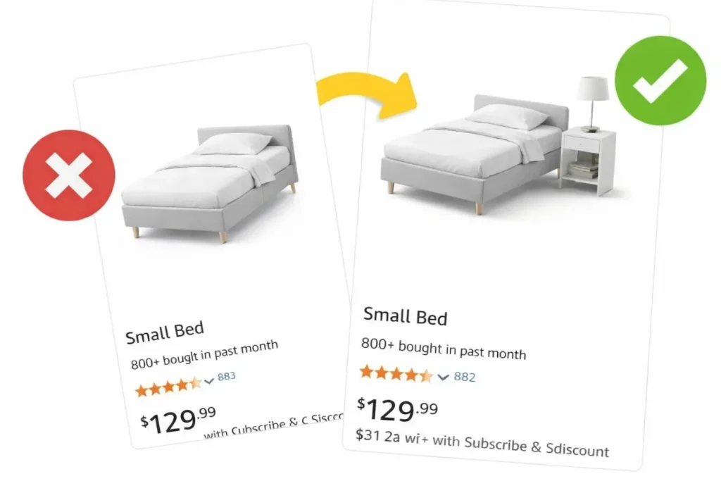Small bed comparison image on white background showing incorrect and correct product presentation