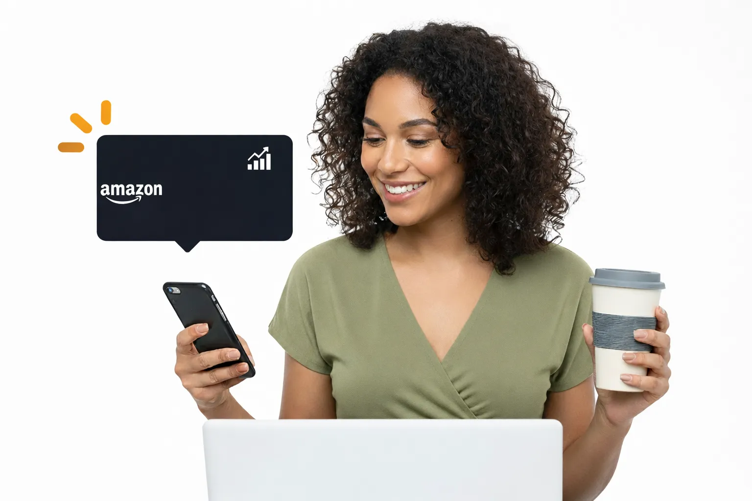 Smiling woman holding a smartphone and coffee cup while working on a laptop