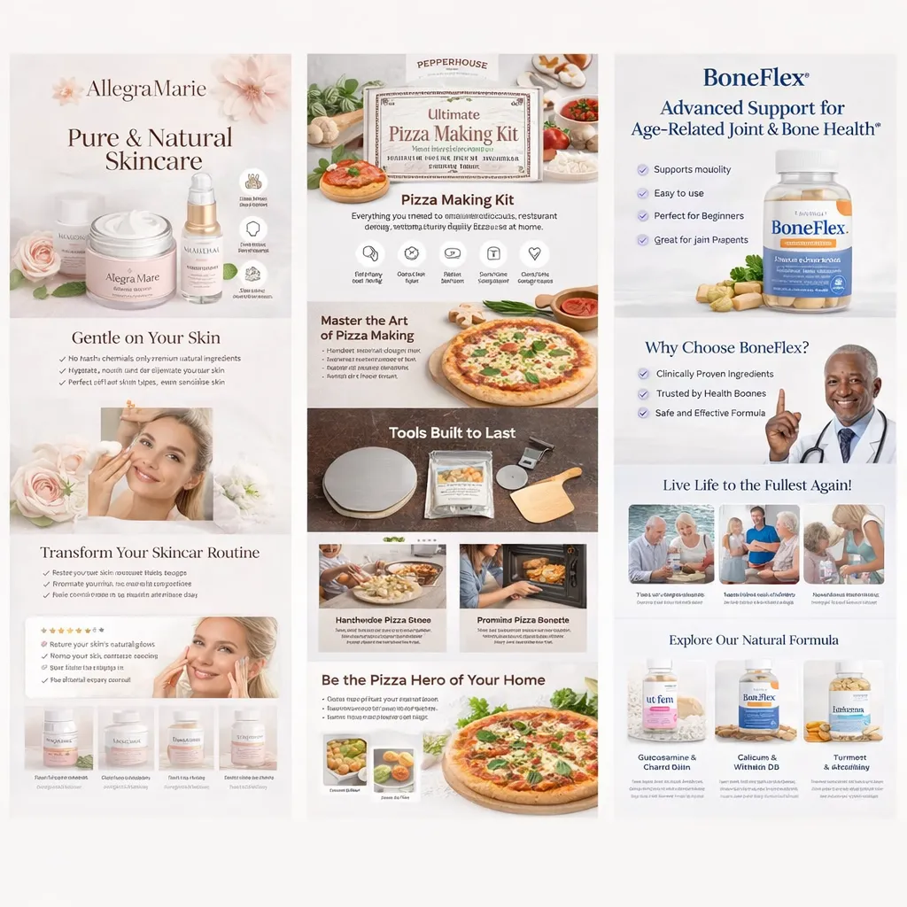 Product landing page design with images and features