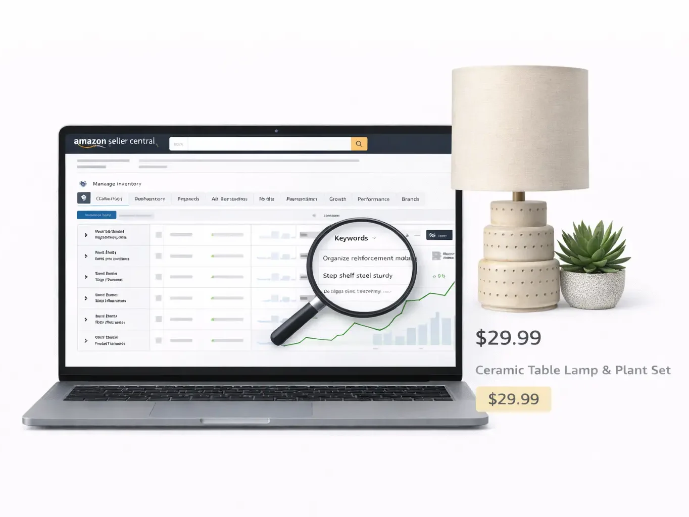 Amazon Seller Central SEO dashboard with home decor product listing
