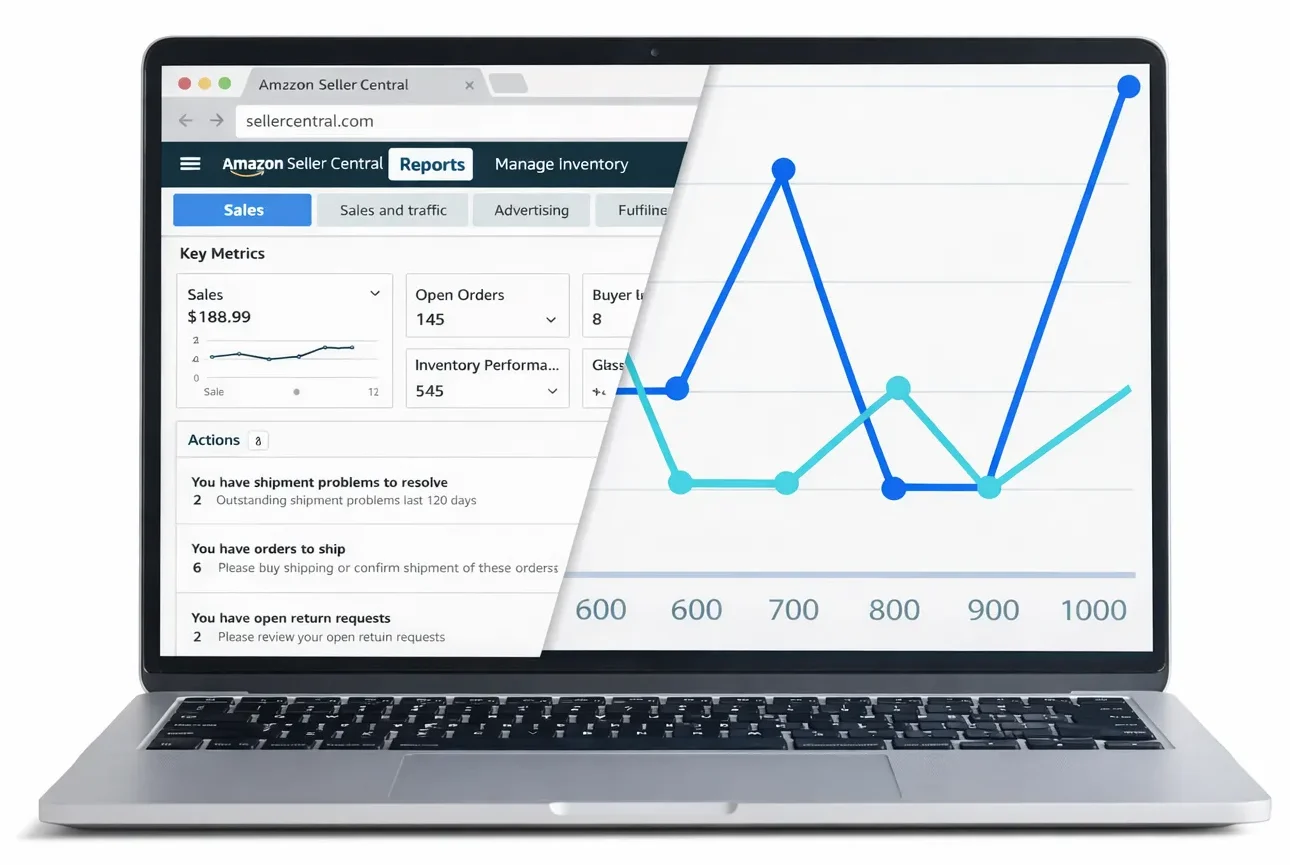 Amazon Seller Central sales and reporting dashboard shown on a laptop against a white background.