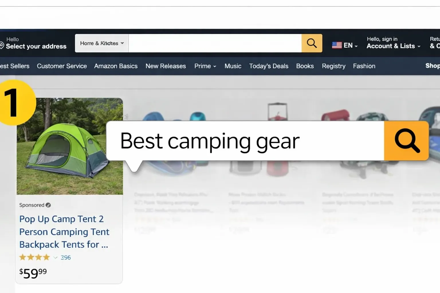 Amazon search results page highlighting “Best camping gear” with sponsored product listing, pricing, star ratings, and optimized marketplace search interface