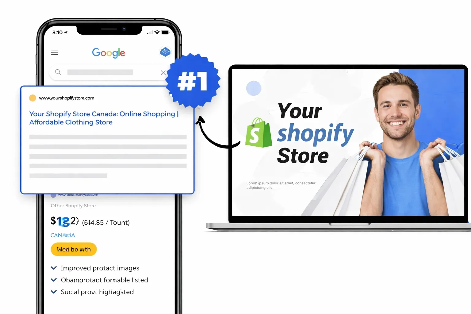 Shopify store ranking #1 on Google search displayed on smartphone with Shopify logo on laptop screen