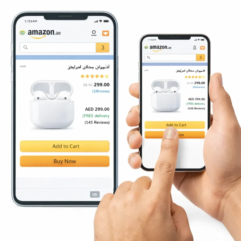 Amazon.ae mobile interface showing product listing, pricing, and add-to-cart action.