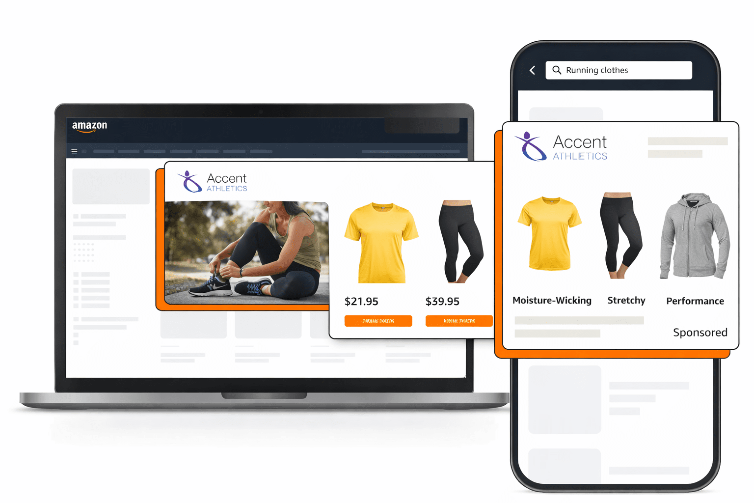Amazon Sponsored ads displaying athletic apparel products on laptop and mobile screens with brand features highlighted.