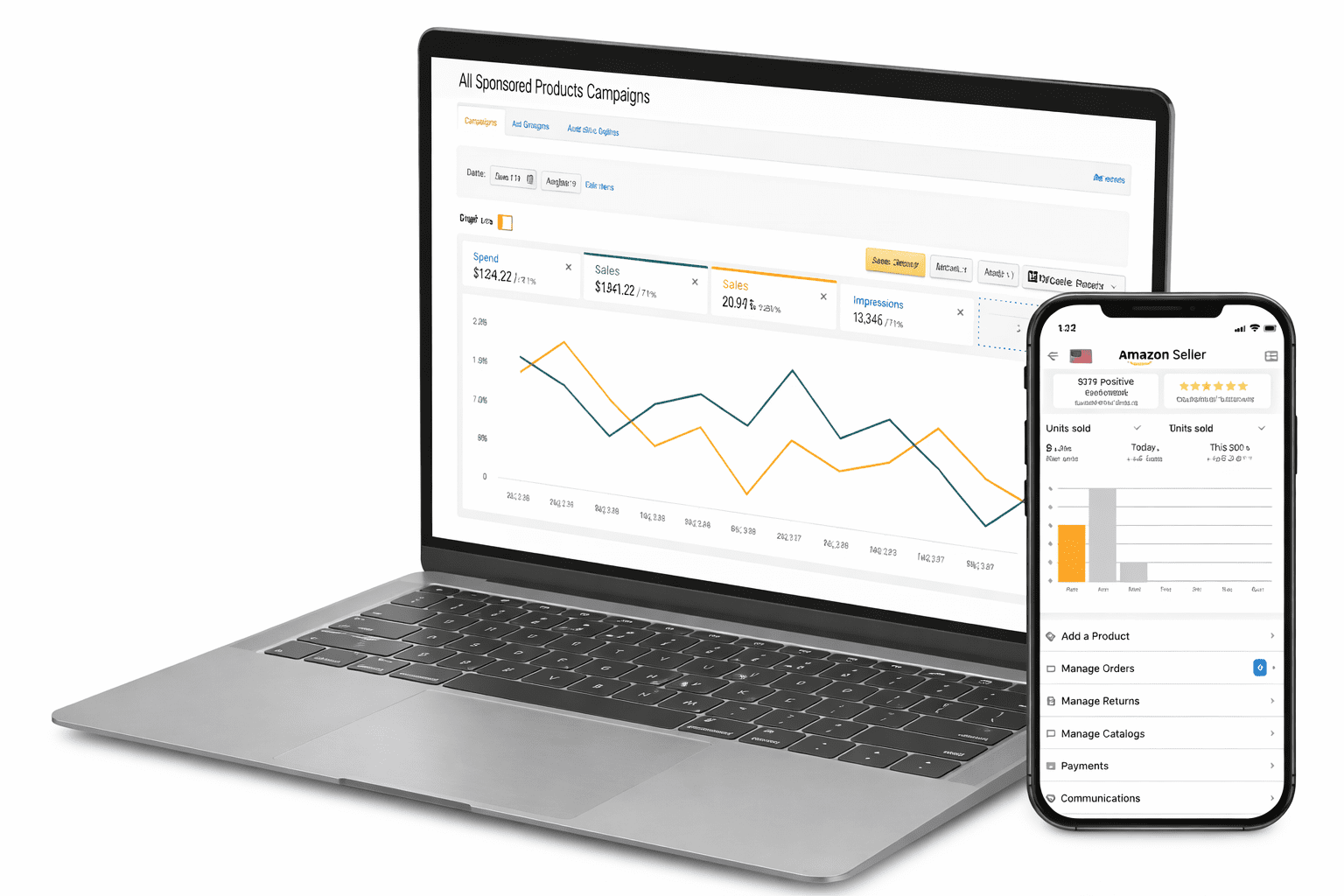 Amazon PPC dashboard displayed on laptop and mobile screen