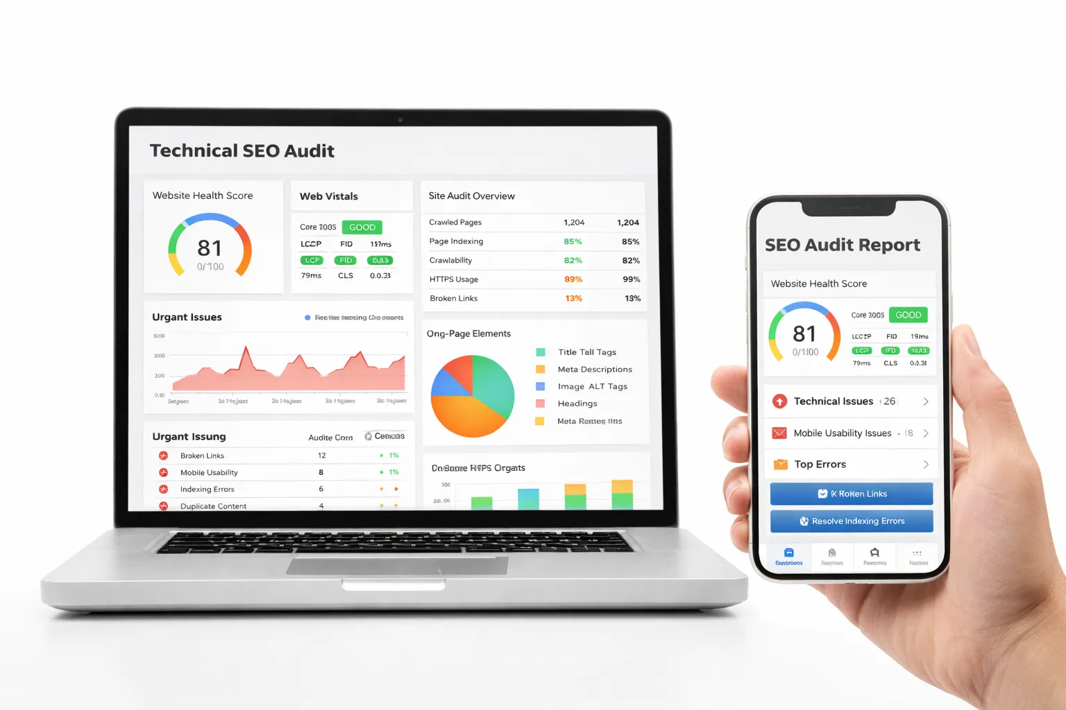 Technical SEO audit dashboard displayed on a laptop and smartphone with website health score