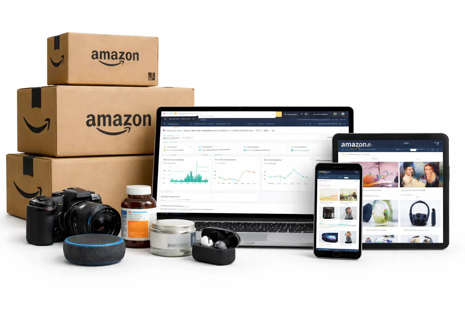 Large laptop, tablet, and mobile displaying Amazon marketplace interfaces on a white background