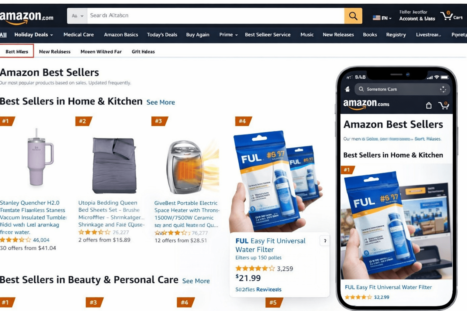 Amazon USA Best Sellers page showing top-selling Home & Kitchen products with a highlighted product listing and mobile Amazon app view, representing selling on Amazon USA