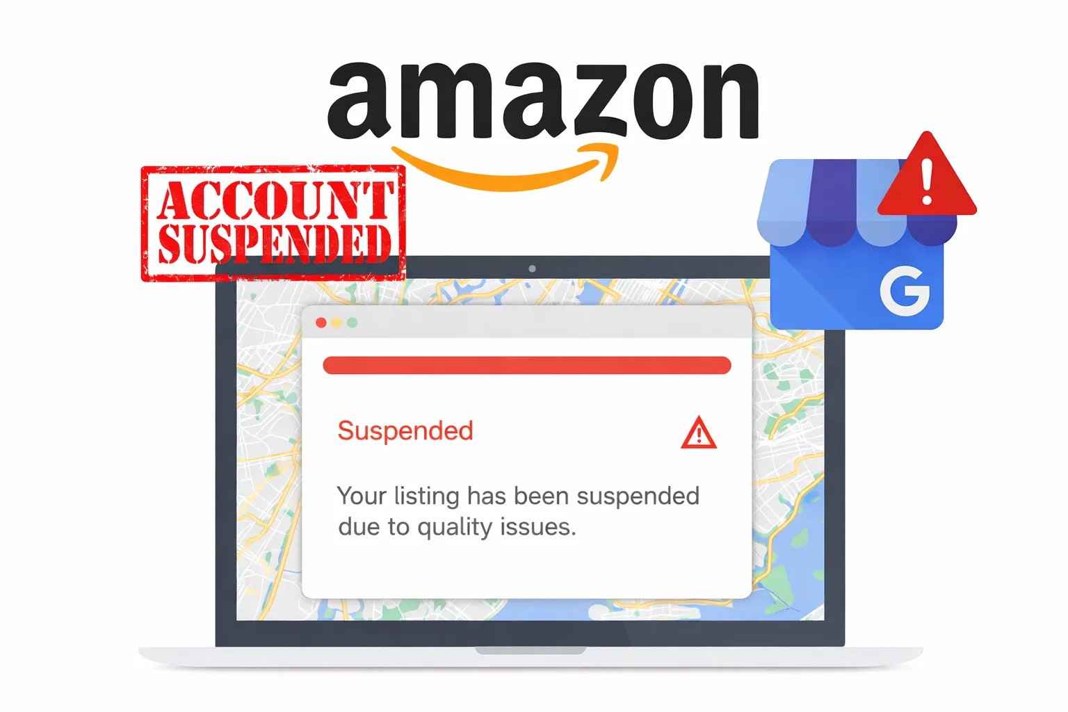 Amazon account suspended message on laptop with Amazon logo