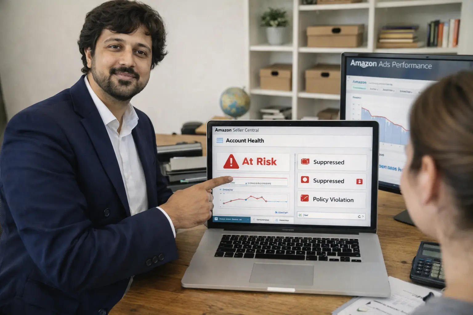 Amazon consultant reviewing Seller Central account health dashboard on laptop