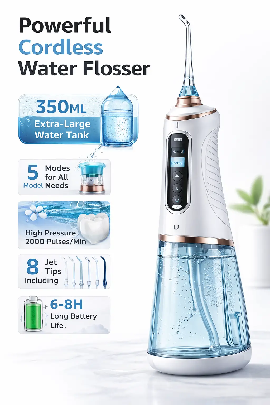 Amazon add-on image showing a cordless water flosser with key features on a white background