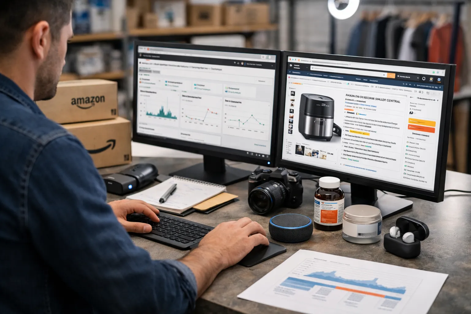 Amazon expert analyzing product listings and performance data with Amazon products on a workspace