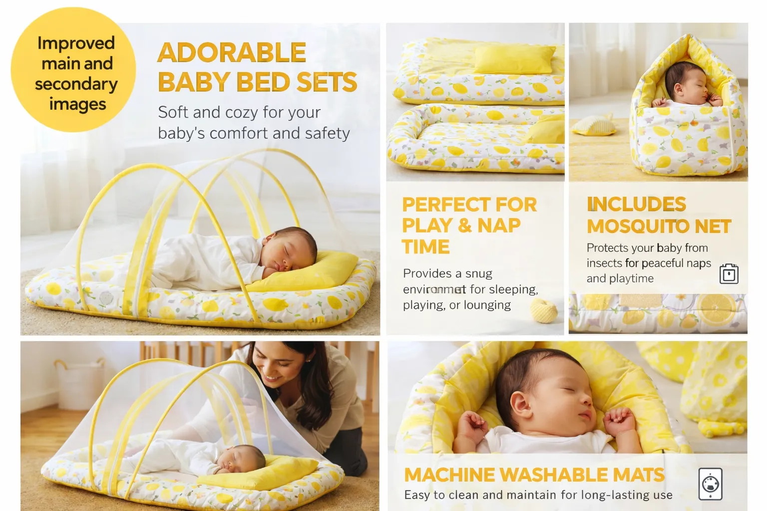mosquito net canopy, and pillow in yellow and white fruit print
