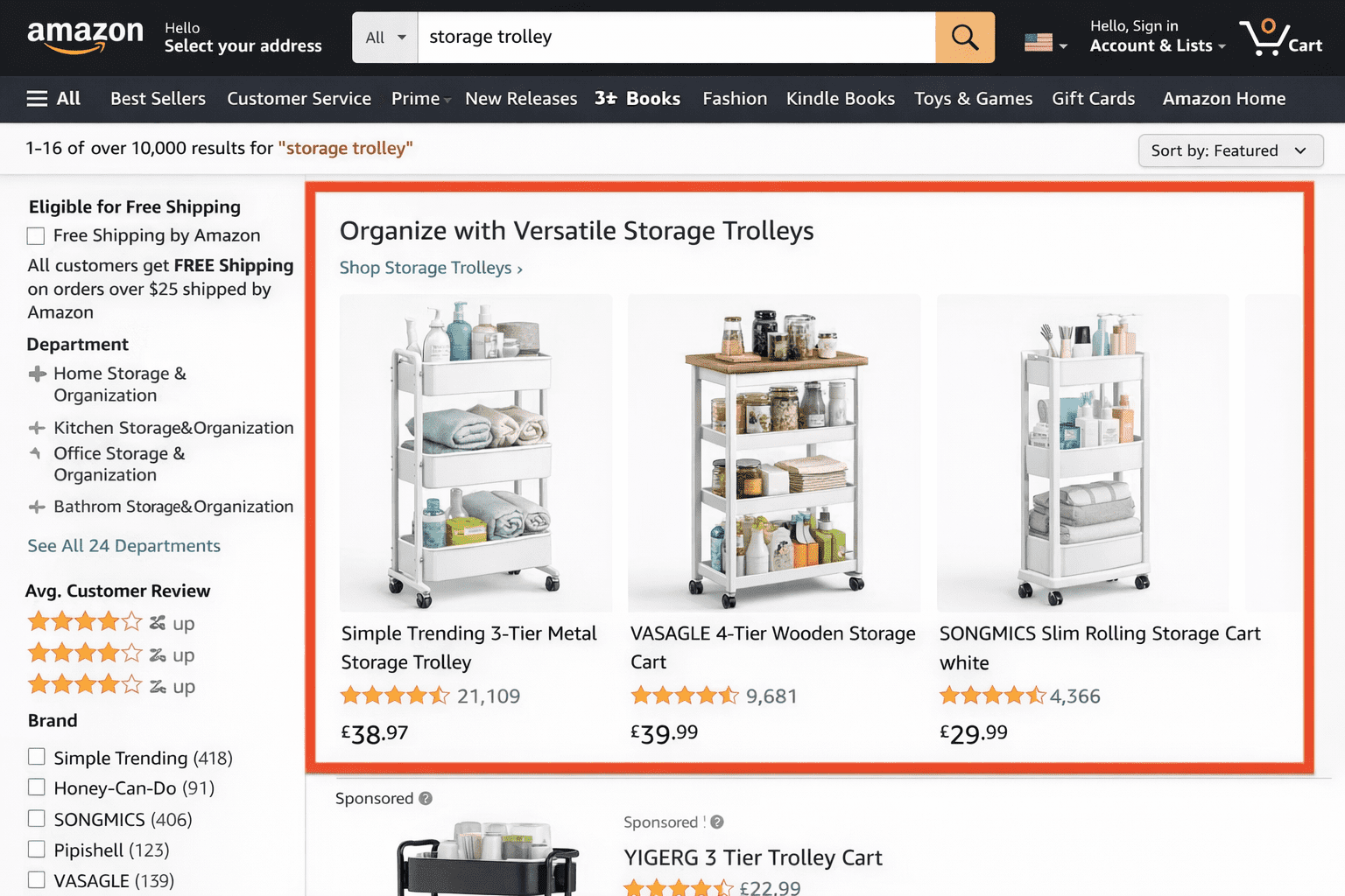 Amazon search results highlighting sponsored storage trolley products