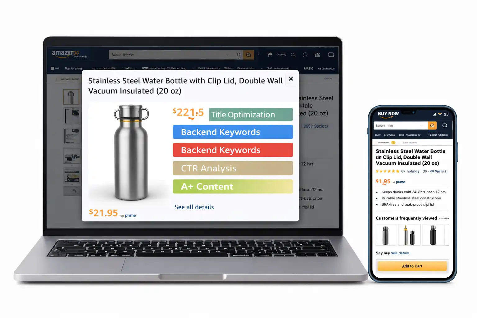 Amazon SEO agency optimizing product listing with title, price, ratings, and mobile view