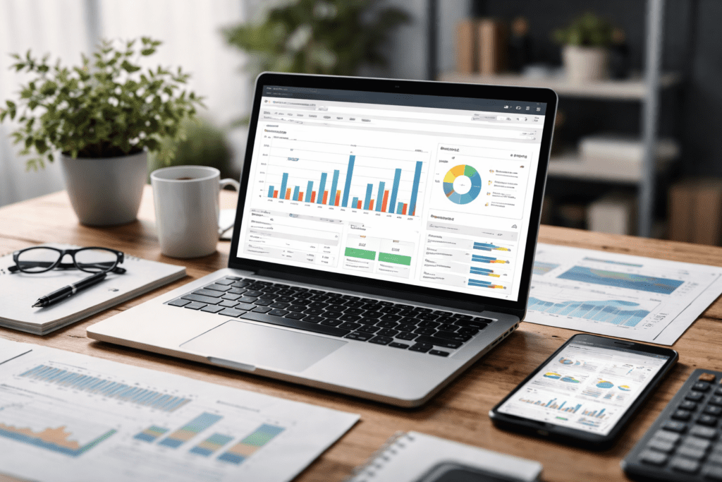 Laptop displaying Amazon PPC analytics dashboard on a modern work desk