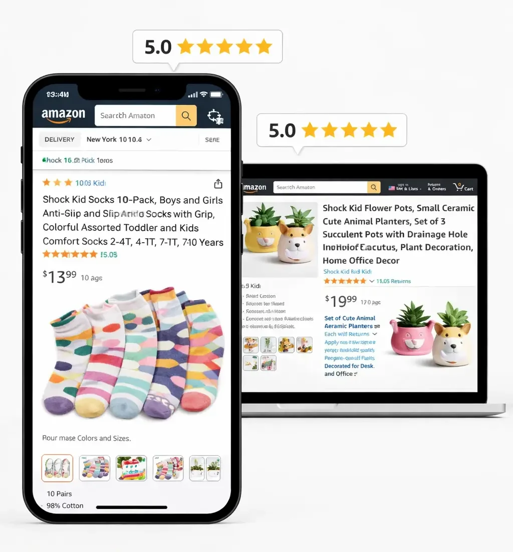 hock kid socks and flower pots product listings shown on amazon mobile and desktop screens on white background