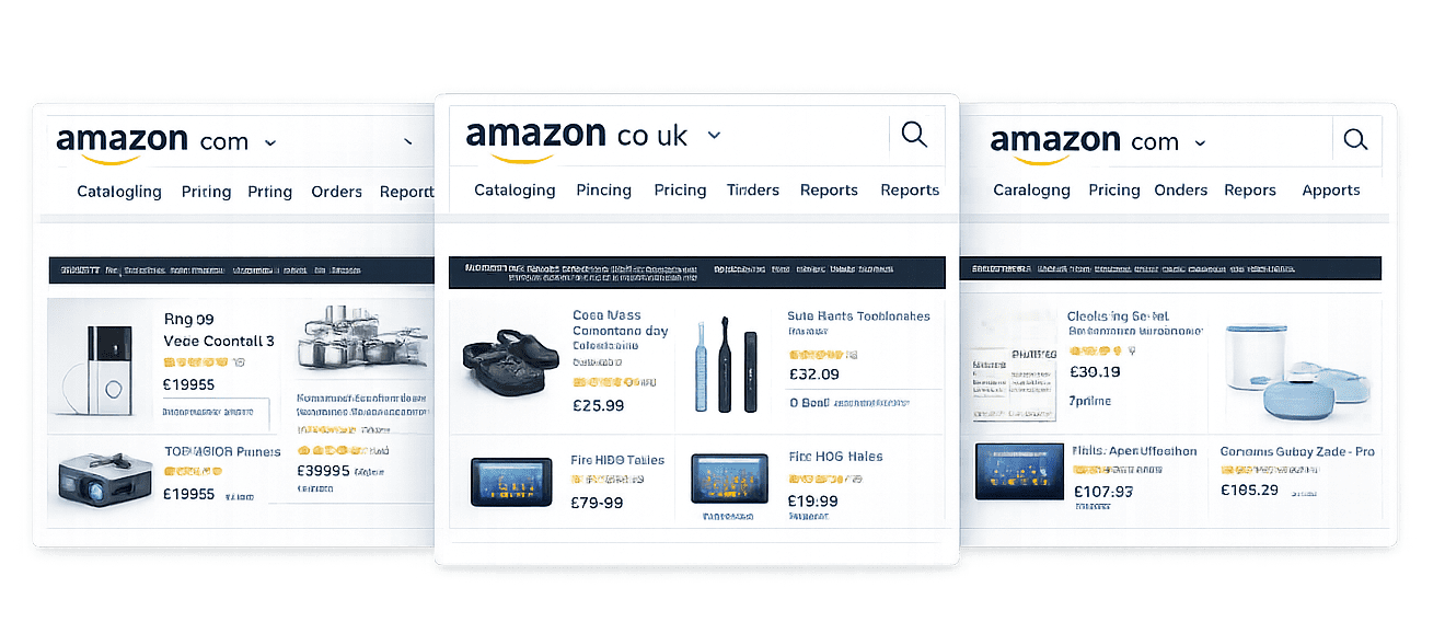 Amazon product listings with prices shown across US, UK, and EU marketplaces