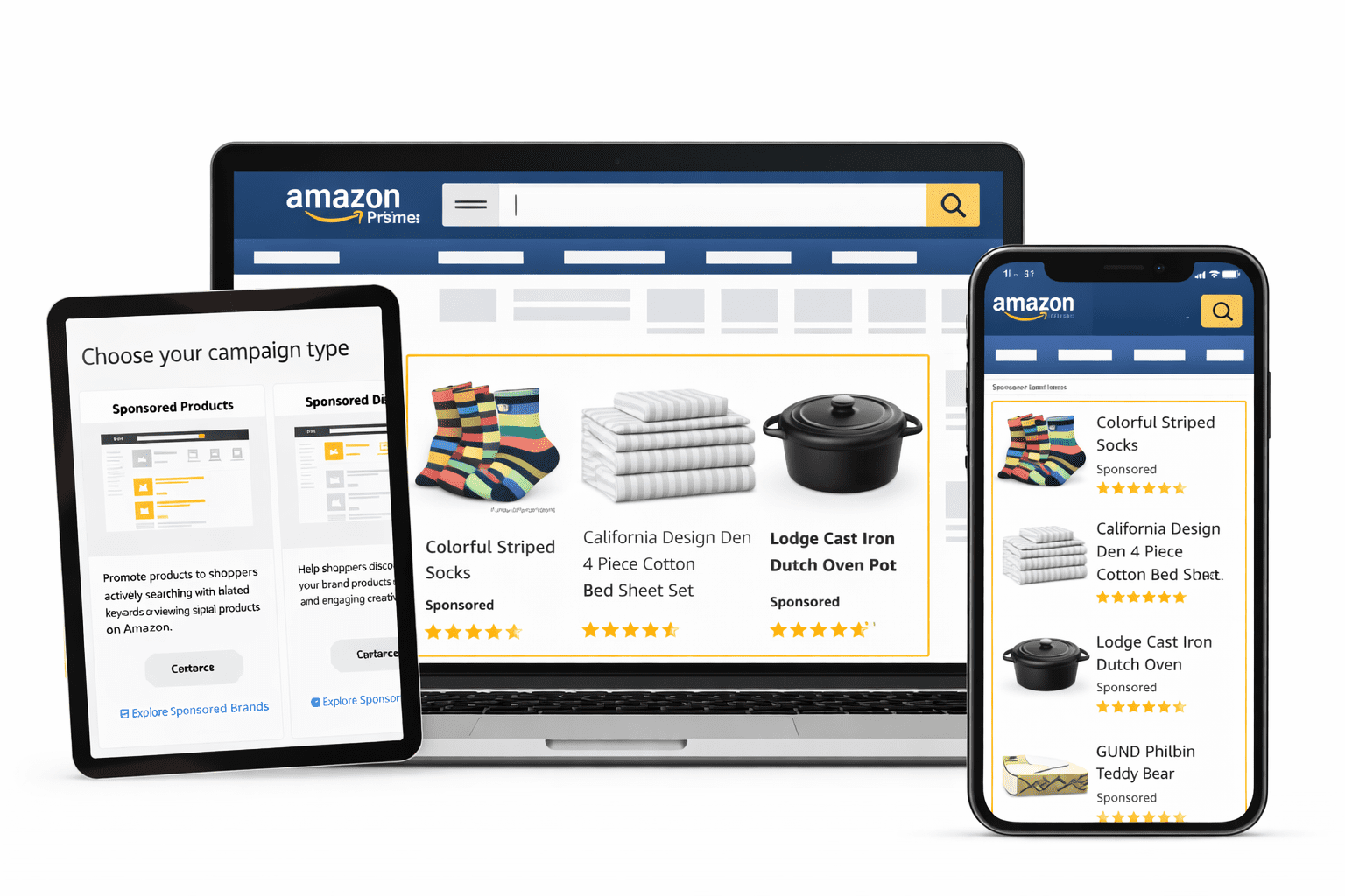 Amazon PPC sponsored product ads shown on desktop, tablet, and mobile screens.