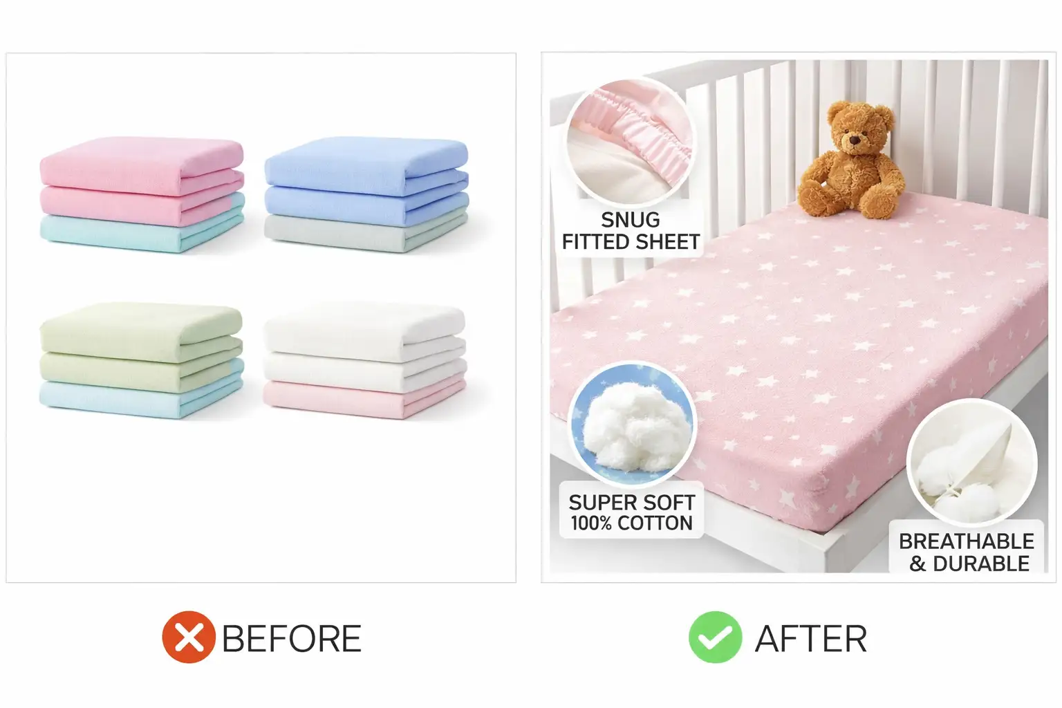 Before and after Amazon listing image of baby bedsheet enhanced with lifestyle crib view