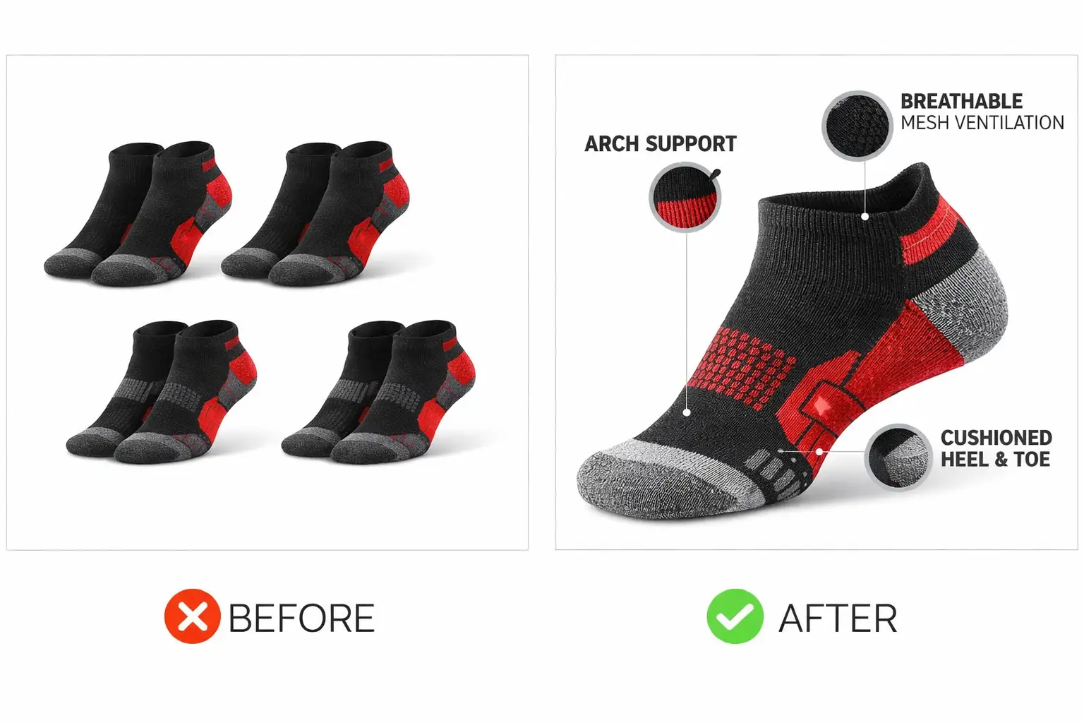 Before and after Amazon listing image of athletic socks upgraded with feature highlights like arch suppor