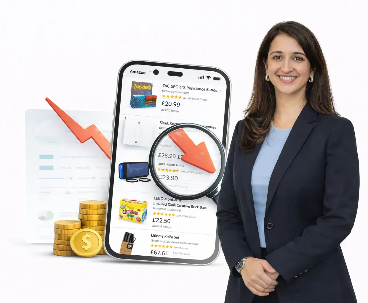 Amazon product listings displayed on a mobile phone alongside a professional Amazon consultant on a white background