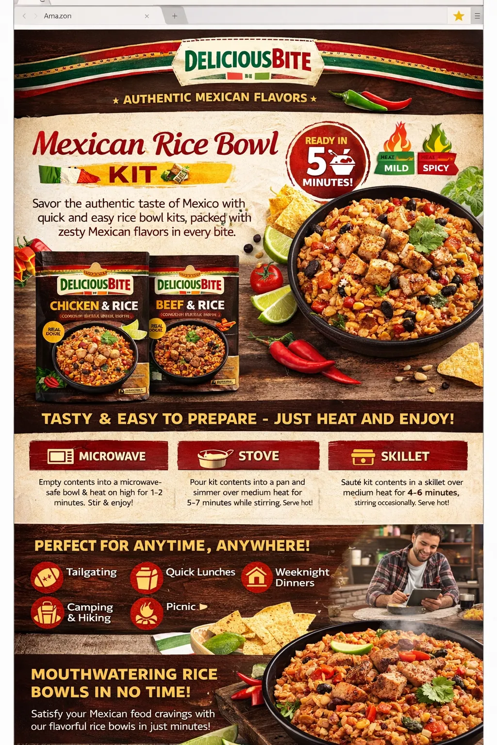 Amazon A+ content image showing a ready-to-eat Mexican rice bowl