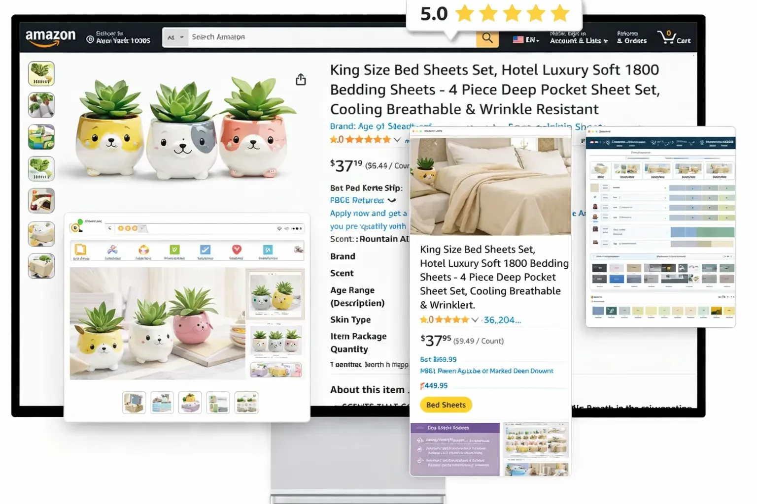 eCommerce optimization showcase with Amazon listings for decorative plant pots and luxury bed sheets