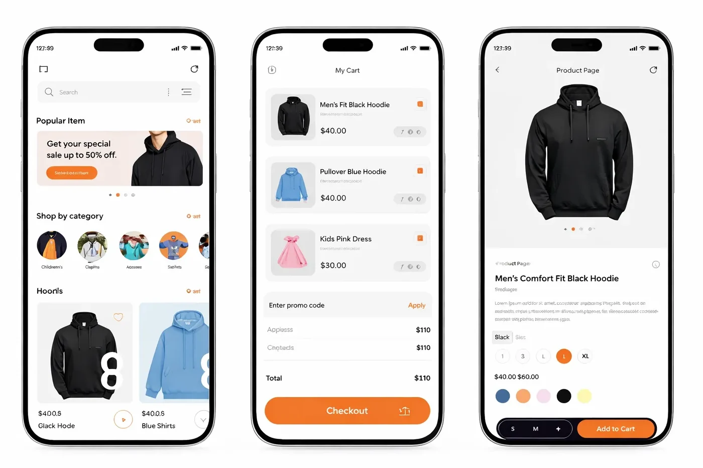 Mobile eCommerce app interface showcasing hoodie product page and checkout process
