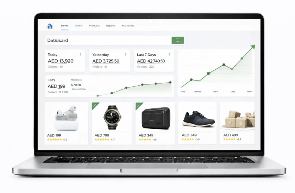 eCommerce analytics dashboard with rising sales graph and product listings