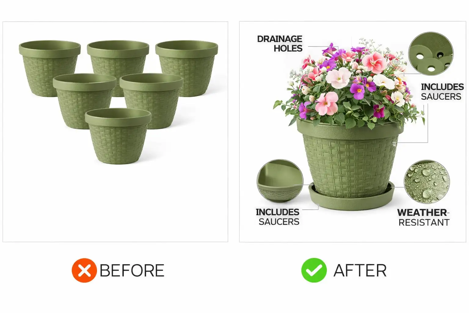 Before and after Amazon product image of flower pots improved with drainage details