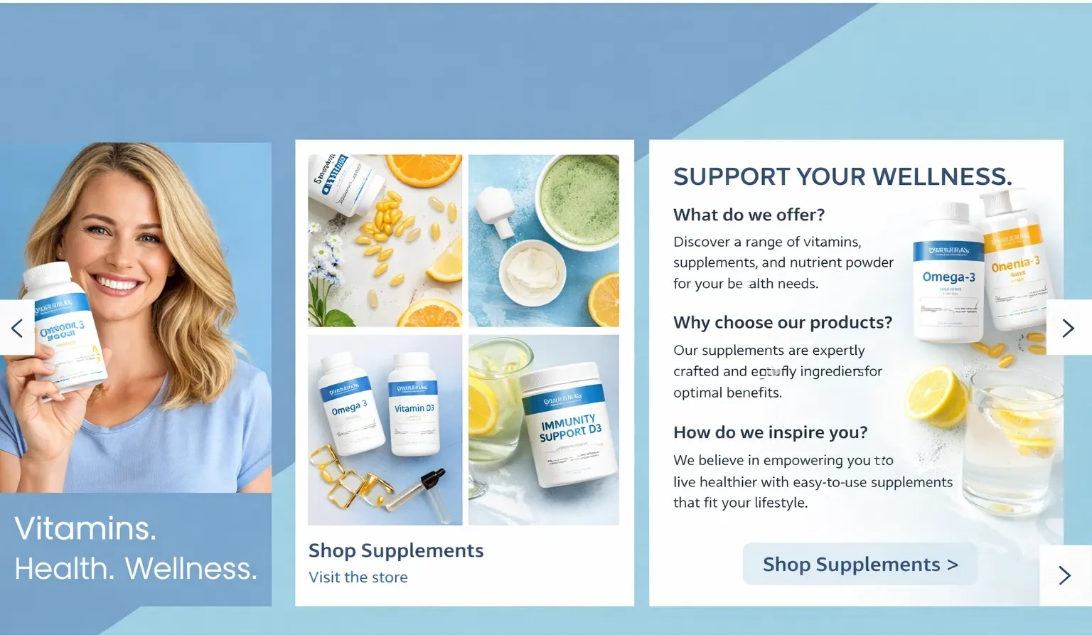 Blue-themed wellness banner showing a woman holding a supplement bottle