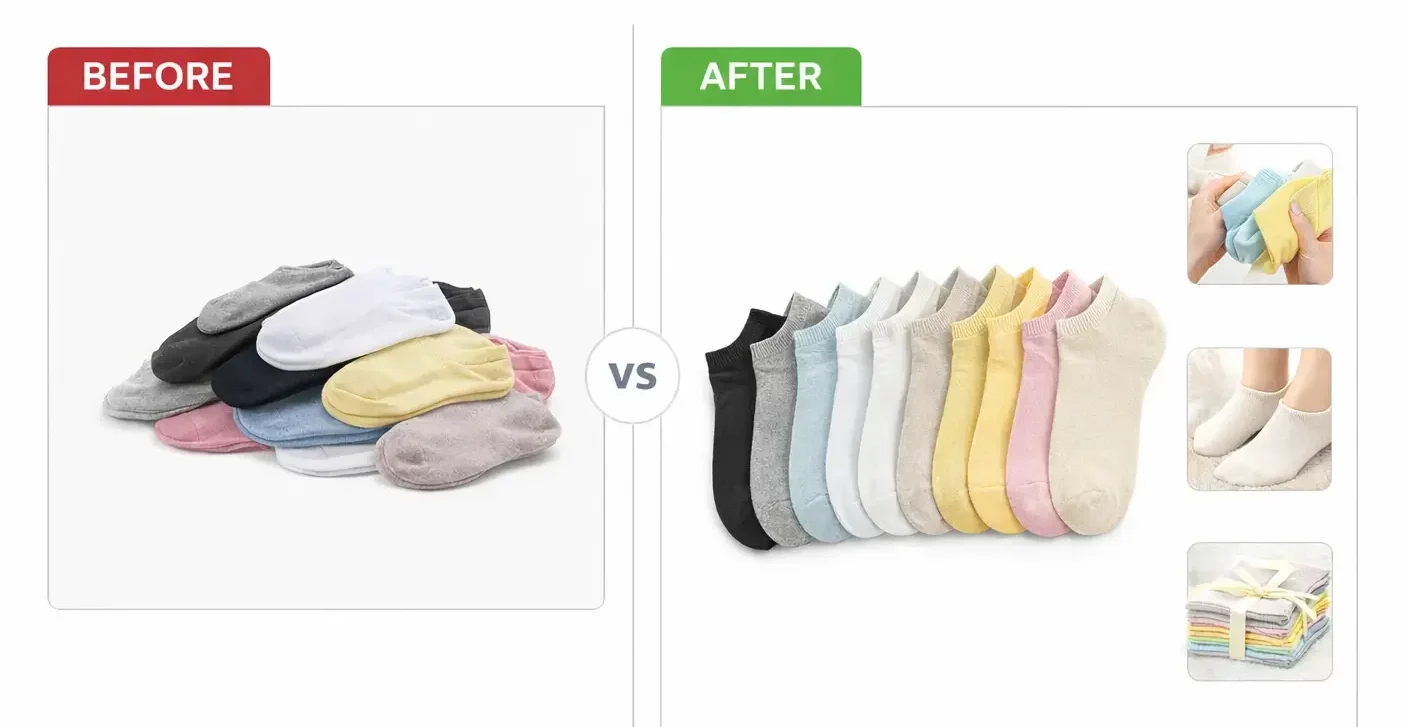 Before and after comparison image of multicolor socks on white background