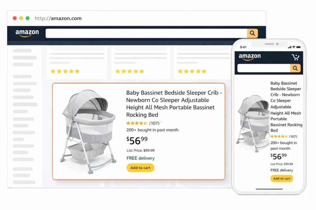 Responsive Amazon product display showing baby bedside bassinet crib on desktop and mobile screens with pricing
